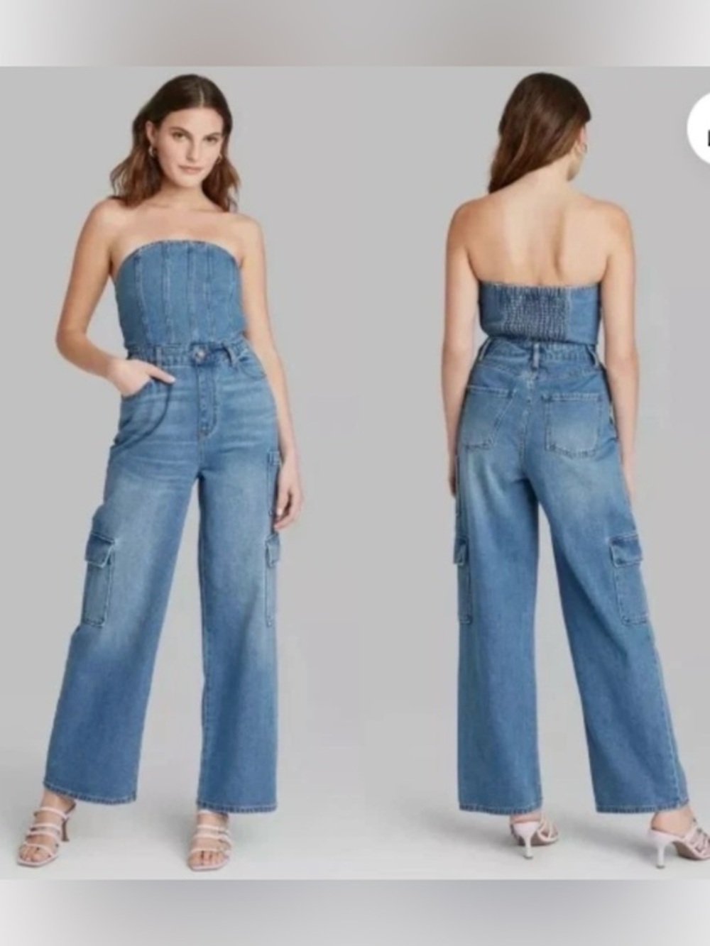 Wild Fable denim blue jeans strapless corset wide leg cargo jumpsuit western Sm